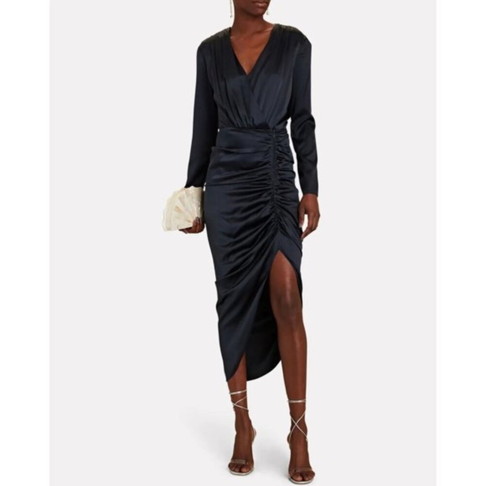 Veronica Beard Women Cameri Ruched Long Sleeve Silk Midi Wrap Dress Navy Blue Si